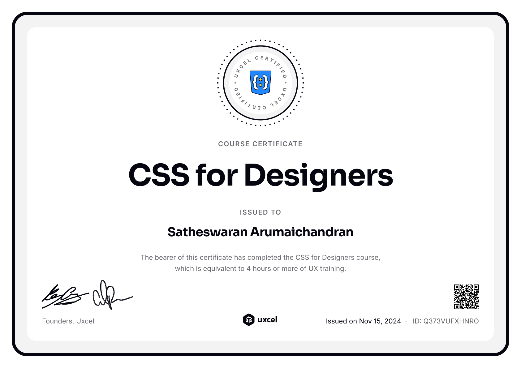 Satheswaran Arumaichandran's certificate